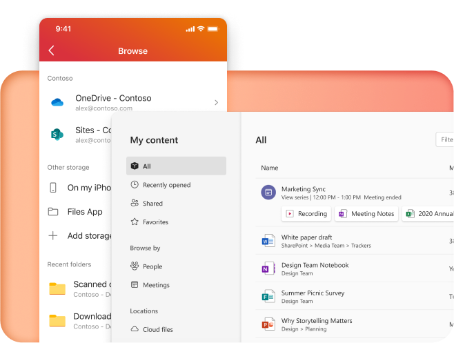 Desktop and mobile app screenshots representing the organizational components of Microsoft Office